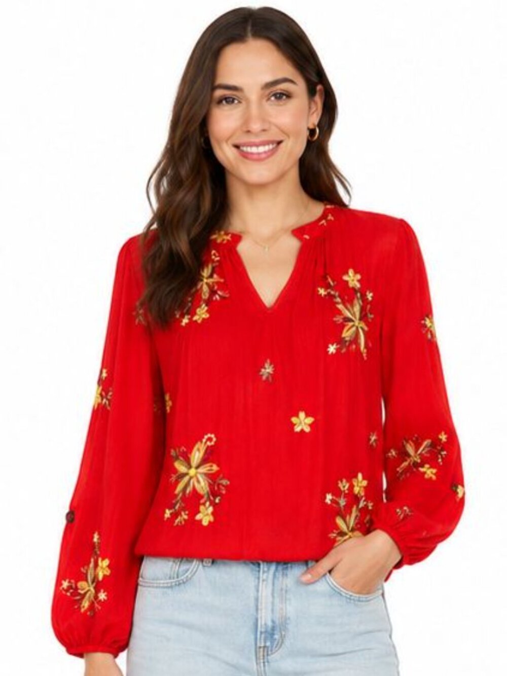 Figueroa & Flower Large Cherry Tomato Floral Embroidered Puffed Long Sleeve Top